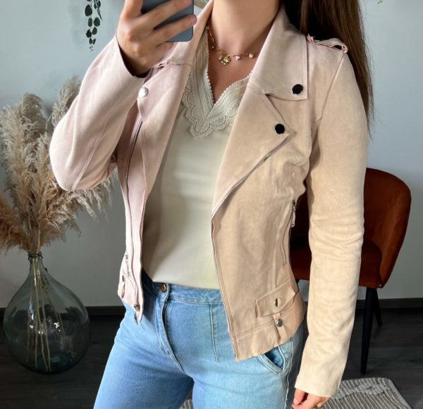Veste suédine, perfecto, couleur beige rosé, femme, boutique femme à dole