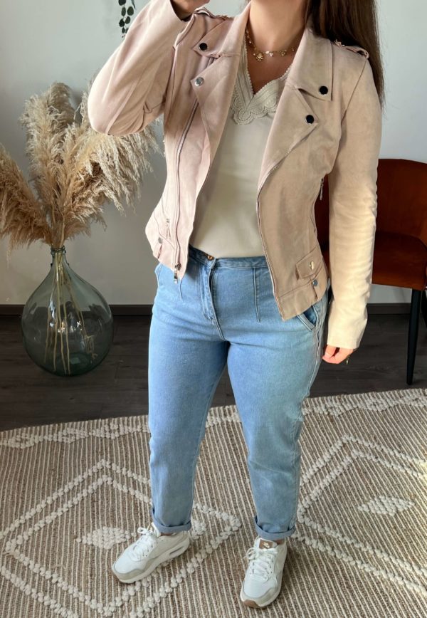 Veste suédine, perfecto, couleur beige rosé, femme, boutique femme à dole