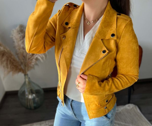 Veste suédine, perfecto, couleur moutarde, femme, boutique femme à dole
