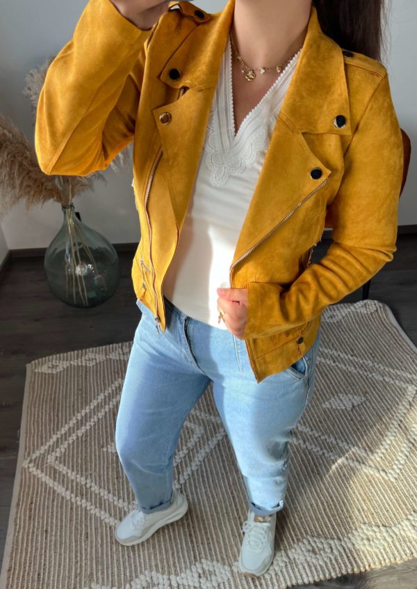 Veste suédine, perfecto, couleur moutarde, femme, boutique femme à dole