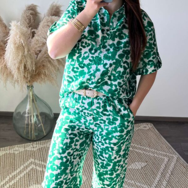Ensemble, chemise, pantalon, vert, motifs, boutique à dole, vêtements femme