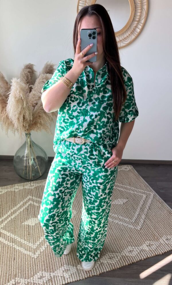 Ensemble, chemise, pantalon, vert, motifs, boutique à dole, vêtements femme