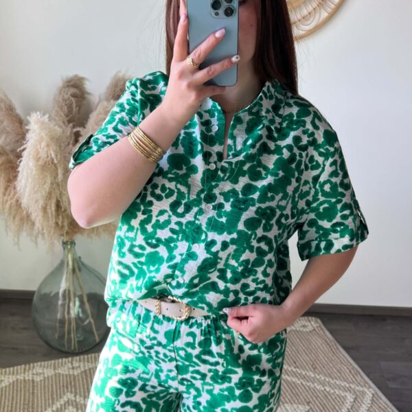 Ensemble, chemise, pantalon, vert, motifs, boutique à dole, vêtements femme