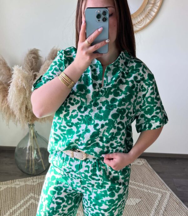 Ensemble, chemise, pantalon, vert, motifs, boutique à dole, vêtements femme
