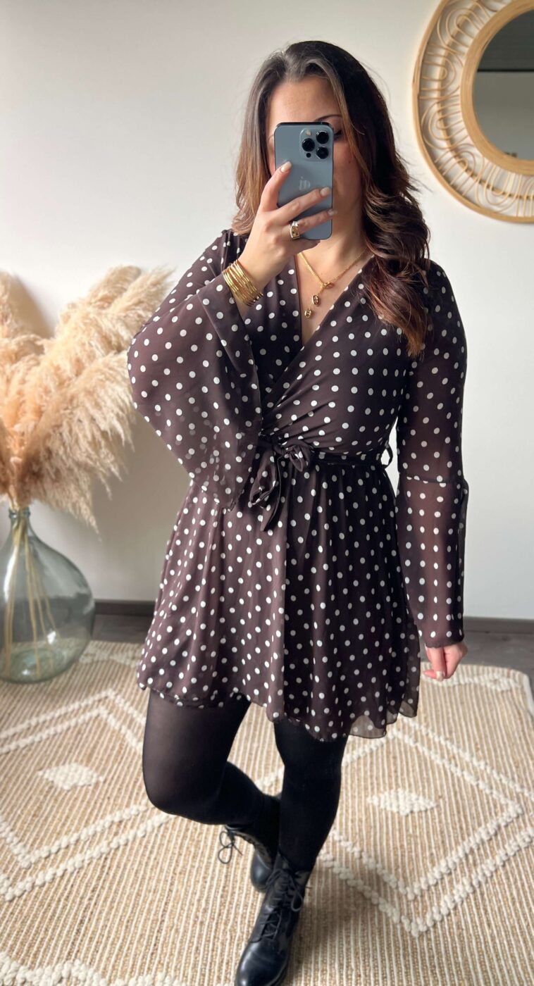 Robe courte à pois, chocolat, automne/hiver boutique femme, vêtement femme dole